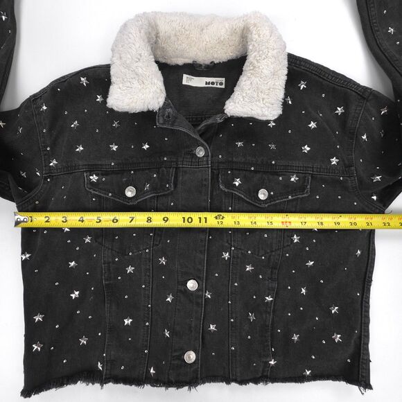 TOPSHOP Star Stud Denim Borg Jacket Fur Collar 90s Y2k Grunge Streetwear Indie - Picture 5 of 7